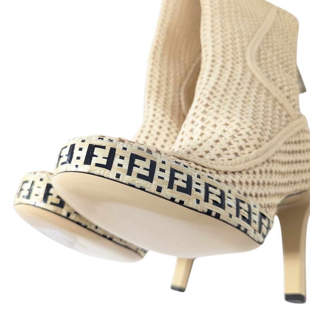 Fendi 105mm FF Woven Raffia Spring '21 Runway Zip Mid Calf Booties Size EU 38 - Picture 10 of 15